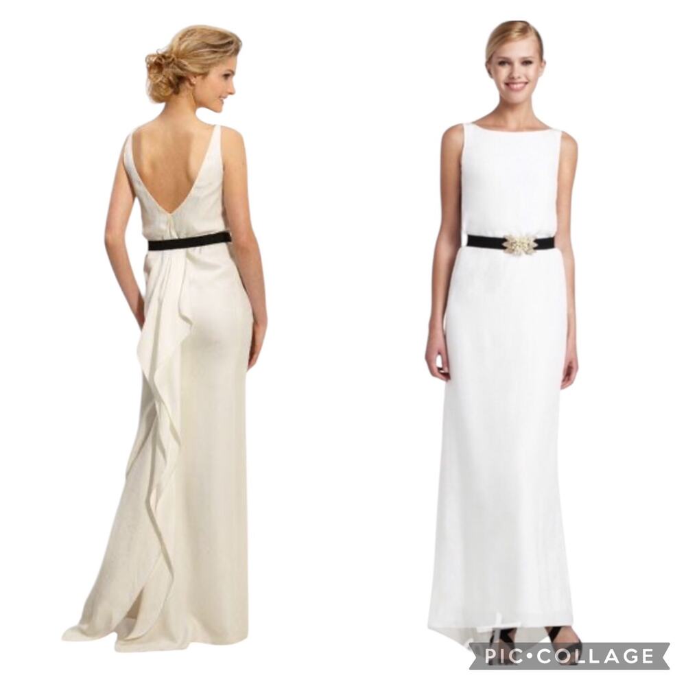 NWT BCBGMAXAZRIA Belted Silk Column dotted jaquard Gown ivory size 8